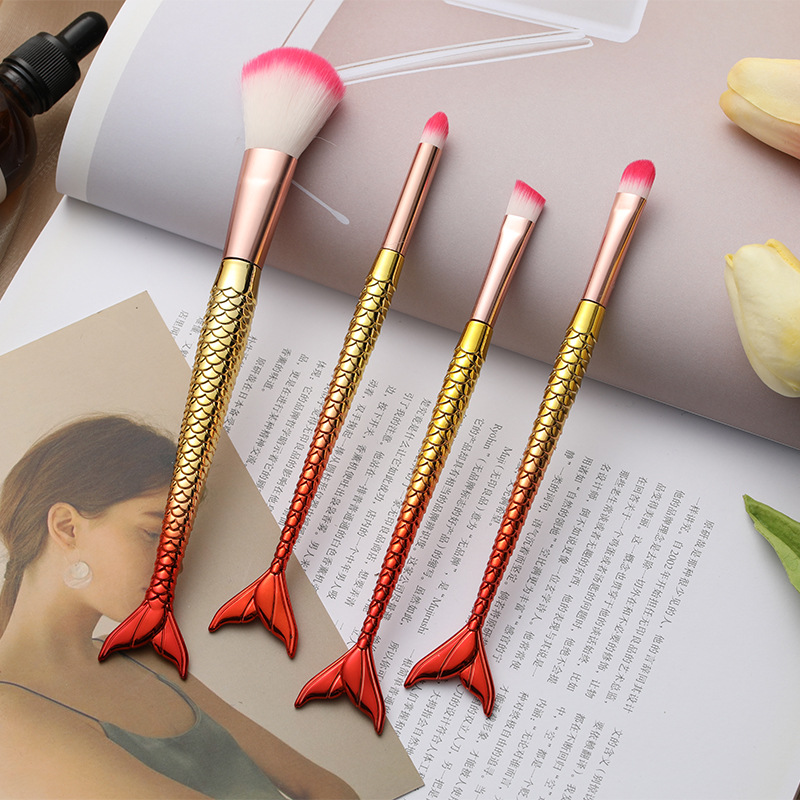 Karsyngirl-brocha de maquillaje de sirena, traje de cuatro piezas, fibra colorida, pelo suave, polvo suelto, herramientas de maquillaje de belleza