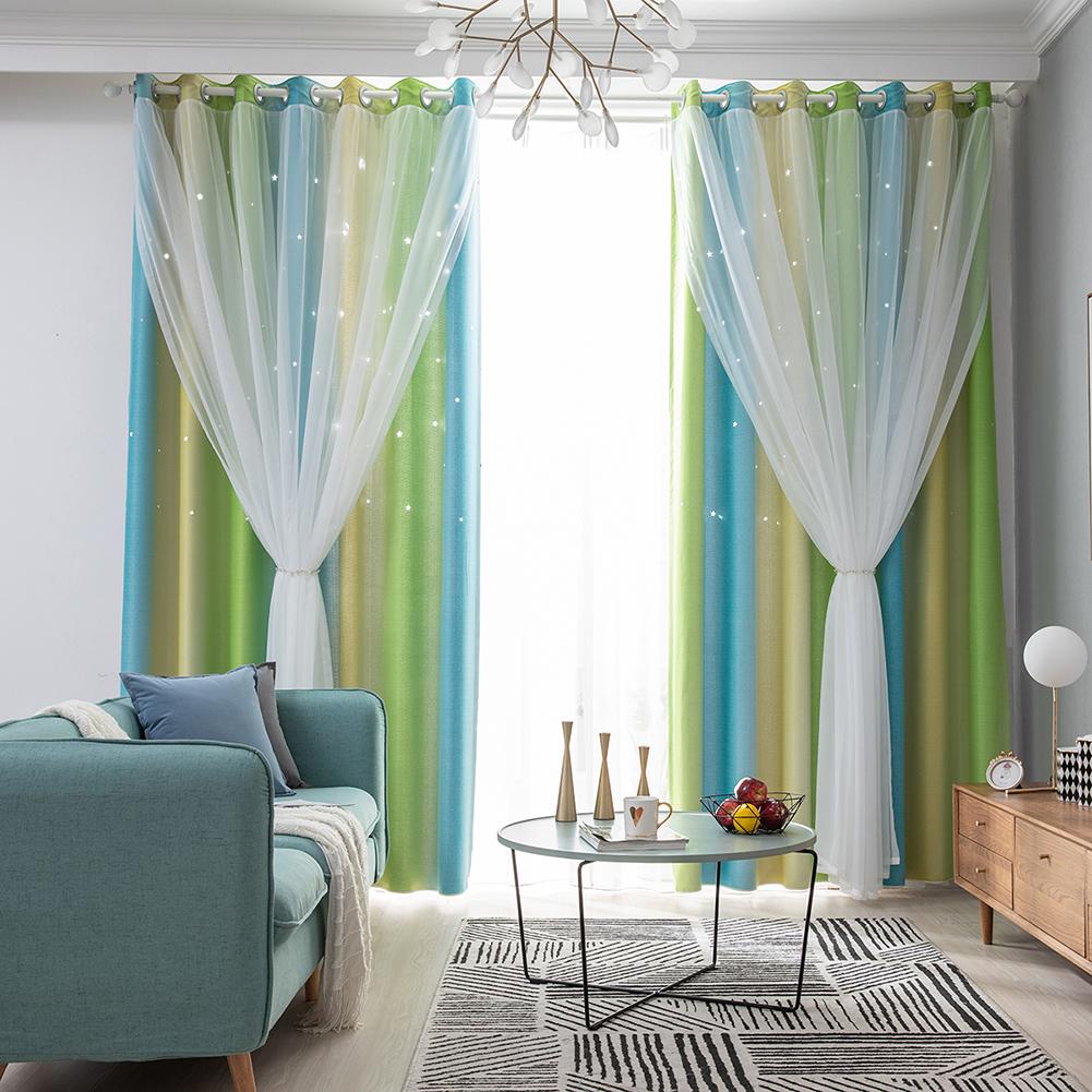 Gradient Hollow Star Curtain Bedroom Full Blackout Colorful Hollow Star Sheer Window Drapes Home Decor For Kid Girl Bedroom