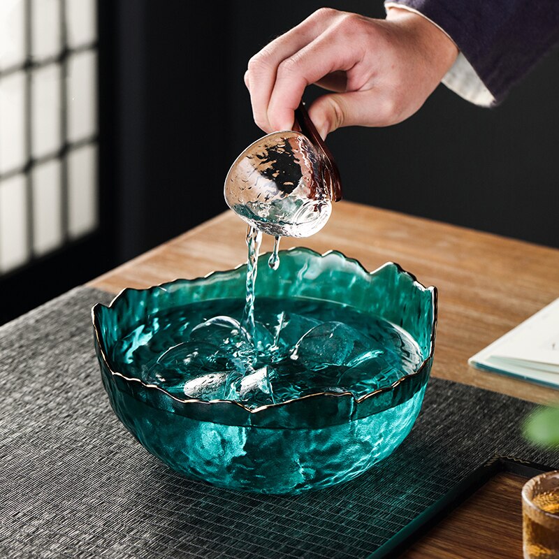 1200ml hammer mønster glas te vask spand japan stil krystalklar te skål vand sporing guld kung fu te sæt tilbehør
