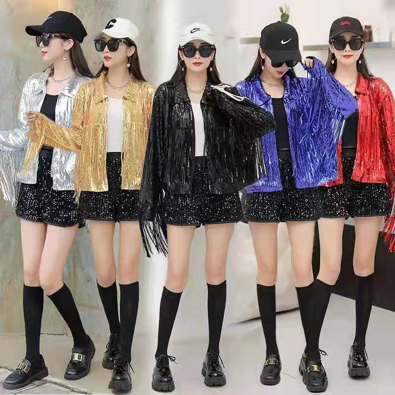 Chaquetas de lentejuelas de estilo Hip Hop para mujer, ropa de calle de Color liso, abrigo de retazos con borlas, ropa de cuello redondo, abrigos sueltos de manga larga