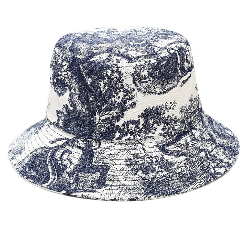 Unisex blækmaleri vintage spand hat slipsfarvet trykt udendørs fiskerhue  lx9e: Blå