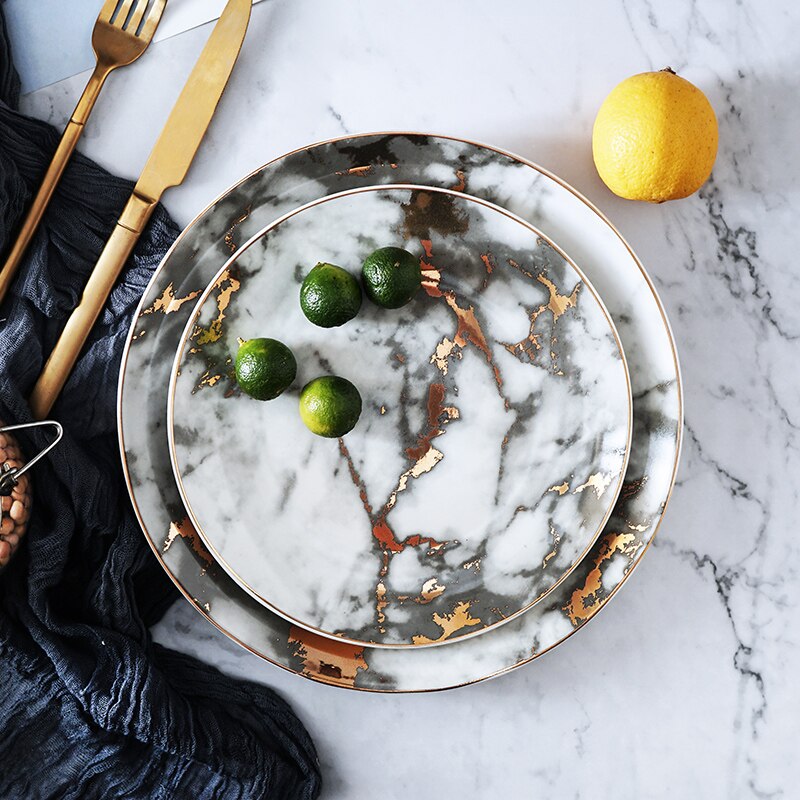 1 stk service marmor tallerkener keramisk middagssæt guld indlæg porcelæn dessert tallerken bøf salat snack kage tallerkener