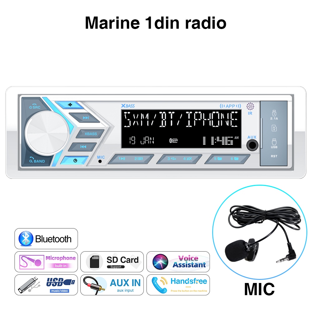 1Din Marine Stereo MP3 Receiver Bluetooth Boat Radio Digital LCD Display AM FM SD AUX Audio For Yacht Gauge ATV UTV RV Golf Cart: WHITE