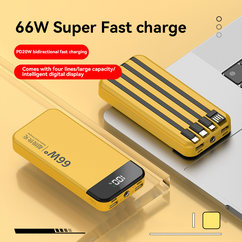 66W Super Fast Charging 100000mAh Power Bank With Built-in Cable Large Capacity Portable Digital Display Charger Spare Battery: Gold / 30001mAh-50000mAh