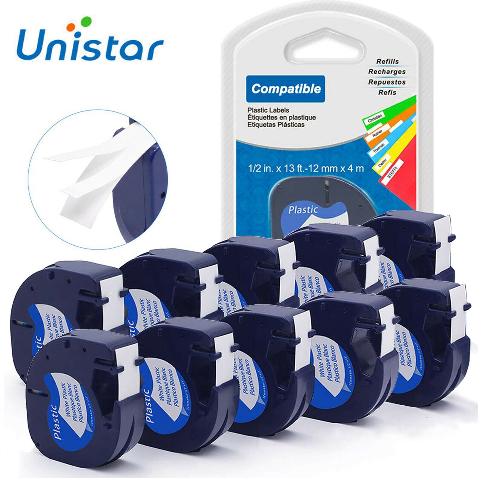 Unistar 10pcs Letratag Plastic Tape 12mm Compatible for Dymo 91201 Label Tape 12mmx4m Black on White Printer Ribbons 91201