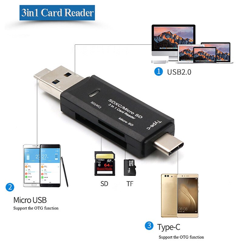 Type C Micro USB 3 in 1 OTG Kaartlezer Universele Hoge Snelheid TF/SD Adapter Voor Android telefoon PC Laptop Uitbreiding Adapter