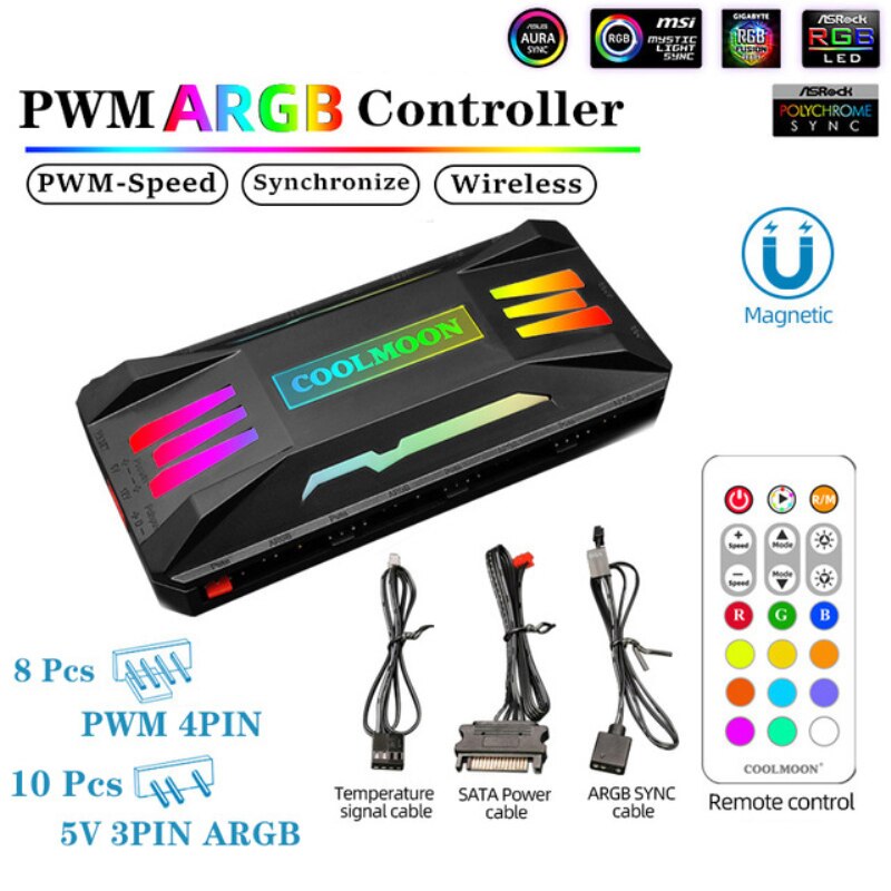 COOLMOON-ventilador de refrigeración ARGB, controlador inteligente de 4 pines, PWM, 5V, 3 pines, ARGB, Control remoto para carcasa de PC, radiador para chasis,