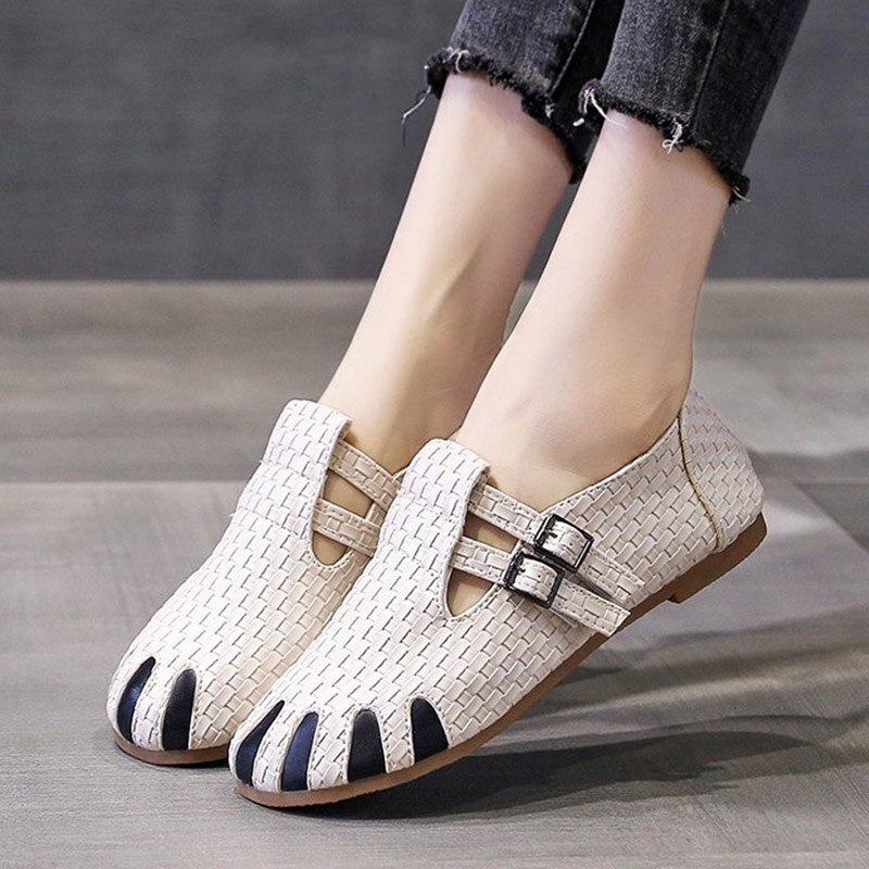 Alpargatas de talla grande para mujer, zapatos planos de piel sintética tejida, Oxford, informales, con doble hebilla, color blanco, otoño