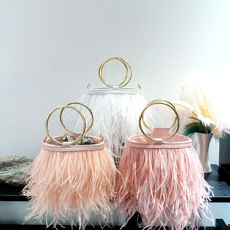 Luxury Ostrich Feather Wedding Purses and Handbags for Women Bucket Tote Pearl Fringe Party Chain Shoulder Bag