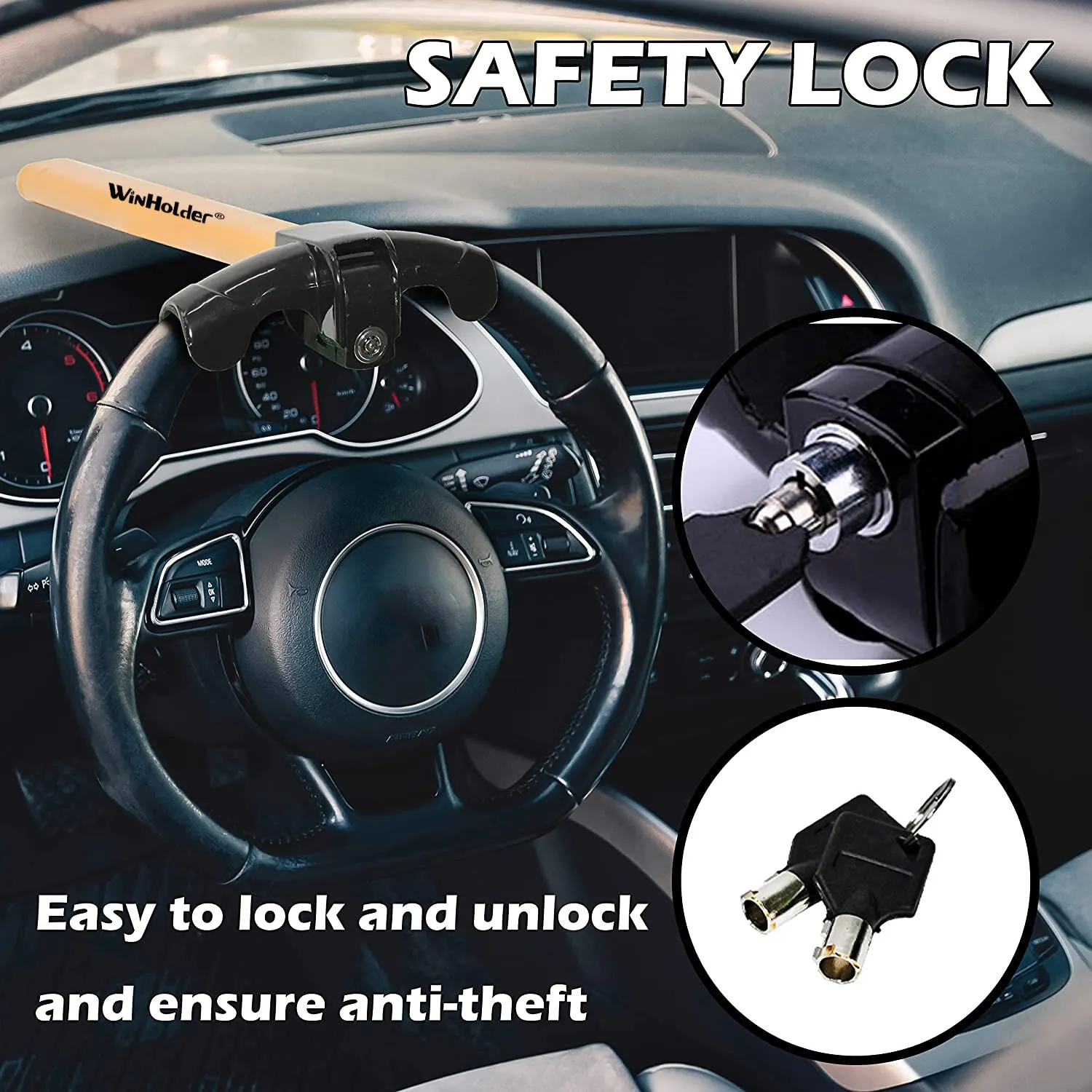 Universal Car Steering Wheel Lock Maximum Security Anti-Theft T-Bar Steering Wheel Immobiliser Vehicle Protection Device