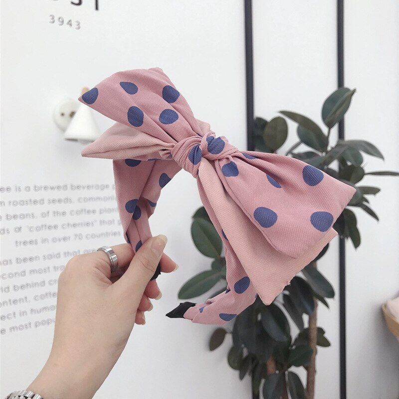 South Korea Style Autumn And Winter Flannel Polka Dot Contrast Color Double Layer Bow Large Rims Hair Bands Headband Pressur: Pink