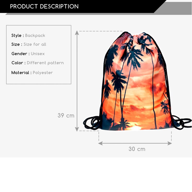 Mochila escolar con estampado 3D para hombre y mujer, morral con cordón, suave, puesta de sol