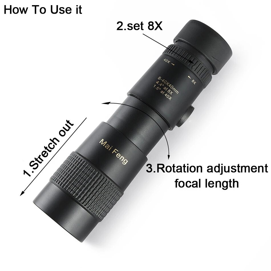 8-40x40 télescope monoculaire Zoom rétractable Compact étanche HD ED verre avec trépied pince de téléphone