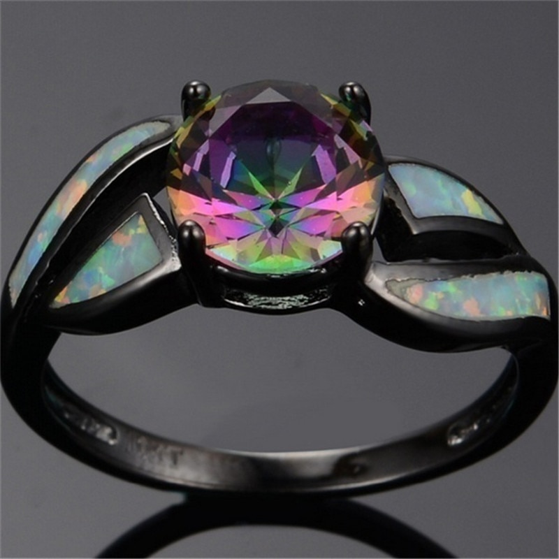 FDLK The Women's Classic Multicolor Mystery Rainbow Opal Black Color Ring