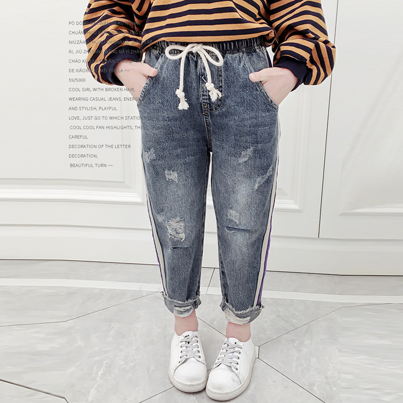 Jeans til piger børn forår efterår lilla stribede børn iført piger 4-12 år gamle piger jeans afslappede bukser jeans til piger
