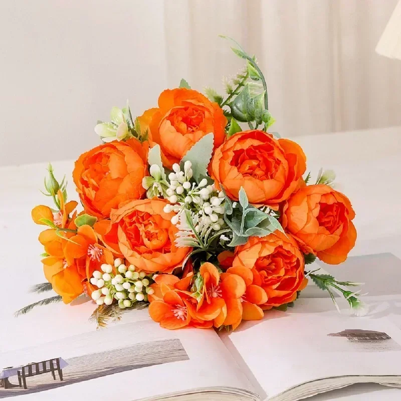 Simulazione di seta fiori argento neve peonia mazzo pianta verde centro commerciale decorazione artificiale peonie arancioni fiore finto
