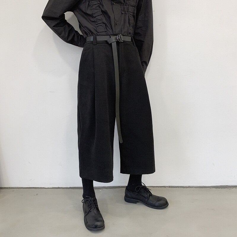Menn svart kimono bukse løs avslappet ull bukser med brede ben med belte mannlige japan streetwear hip hop gotisk rett haremsbukse