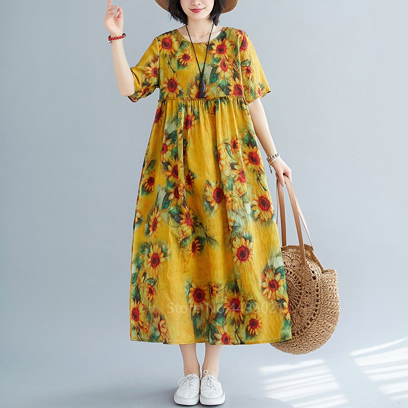 Zomerse traditionele chinese kleding voor vrouwen, etnische print linnen tang-pakjurk, hanfu casual hoge taille gewaad, losse jurken