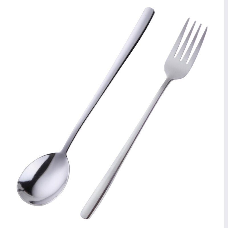 2 uds juego de tenedor cuchara cubiertos de acero inoxidable vajilla de postre de colores utensilios de cena de mango largo tenedores de ensalada cucharas de sopa vajilla casera: Silver-1set