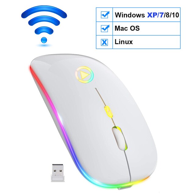 Sem fio gaming mouse 2400 dpi recarregável ajustável 7 cores backlight respiração gamer mouse jogo ratos para computador portátil: Wireless  White