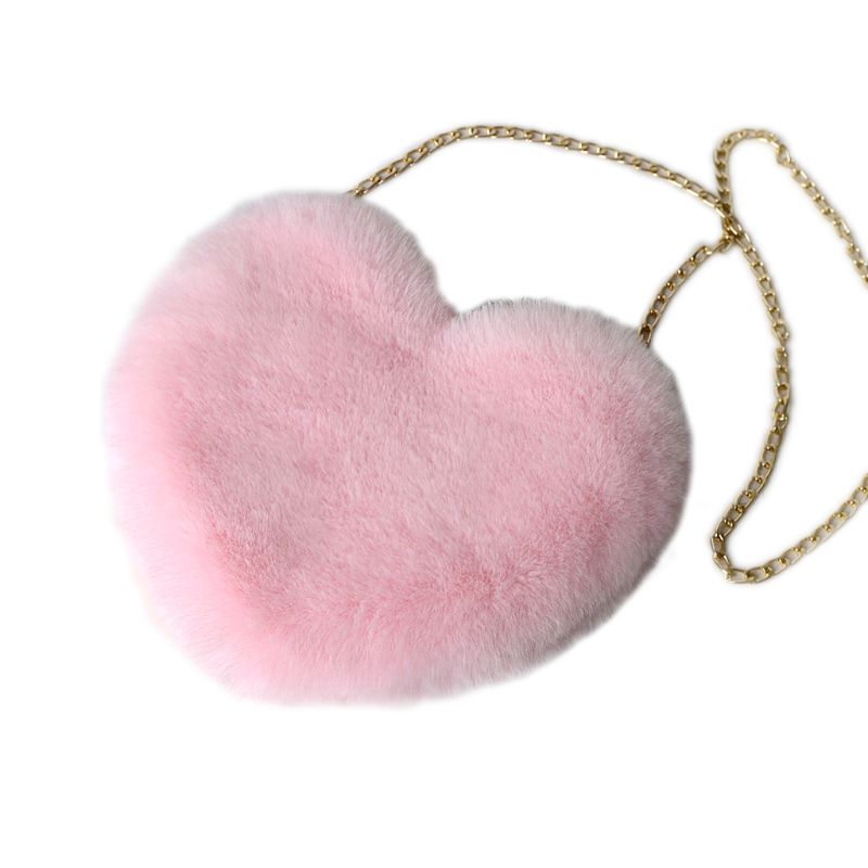femmes en forme de coeur fausse fourrure bandoulière portefeuille sac à main chaîne sac à bandoulière dame sac à main: Light pink