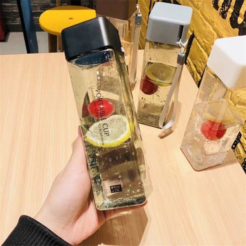 Cute Square Plastic Water Bottles BPA Free Transparent Frosted Outdoor Portable Camping Hiking Tour Drinking Bottle Water