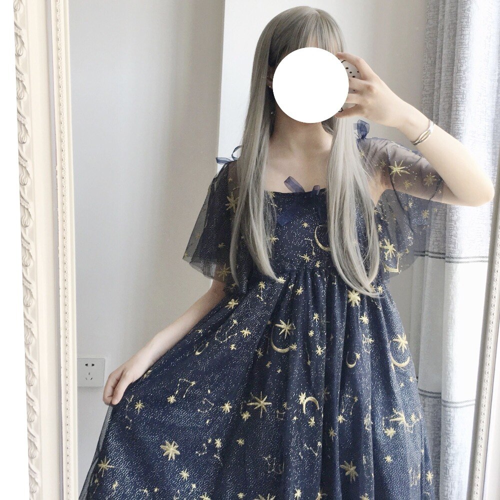 Japonês kawaii meninas lua estrela bordado vestido vitoriano verão lolita vestido chá festa gótico lolita op chá loli cos