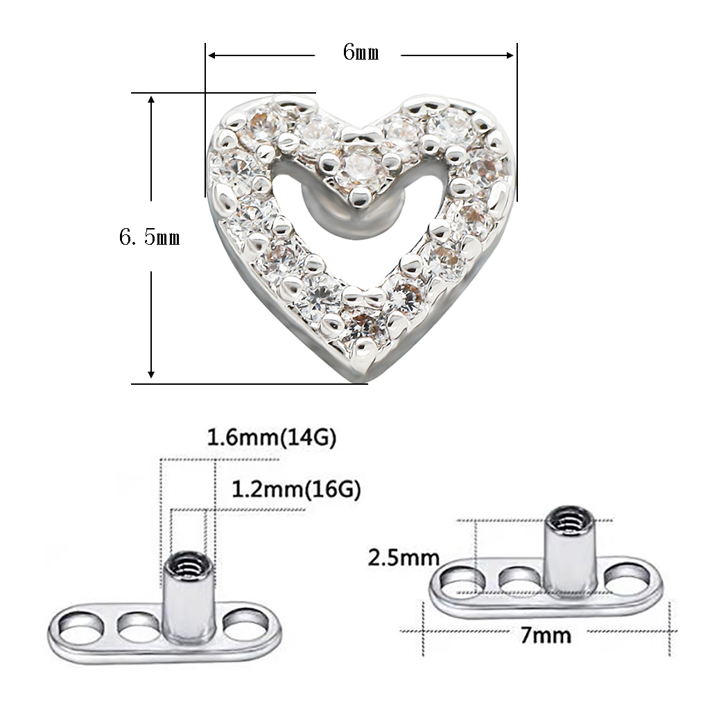 JHJT 1PC Heart Dermal Anchor Top with Titanium Base Micro Dermal Piercings CZ Skin Diver Surface Implants Sexy Jewelry