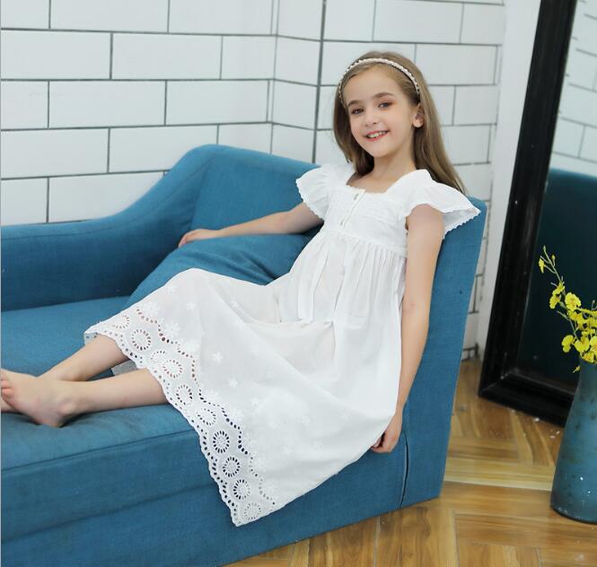 Teen Girl Nightdress Summer Girls White Cotton Sleepwear Girls Lace Nightgowns Children Clothes 3 4 5 6 8 10 Year
