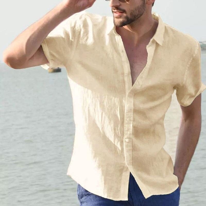 Herren lässig Kurzarmhemden Freizeit Straße tragen Revers Taste-Nieder Einfarbige Hemden für Männer Jahrgang Urlaubsbluse M-3XL
