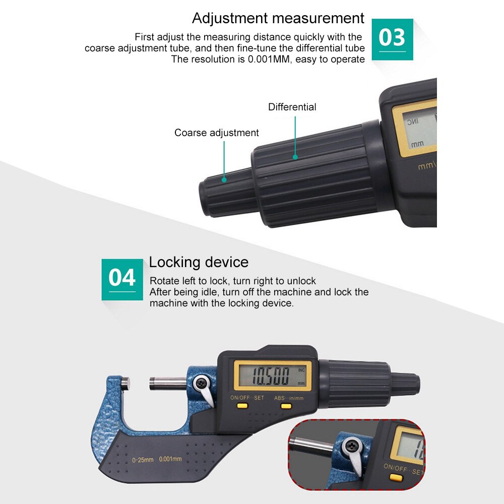 Digital Gauge Measuring Micrometer 0-25mm 0.001mm Metric/Inch Electronic Outside Micrometer Carbide Tip Digital Measuring Tools