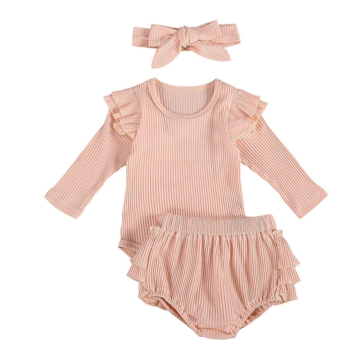 Cathery newborn kledingpak peuter babymeisje effen kleur gerimpelde vliegende mouw romper shirt + broek + strik hoofdband 3 stuks: A / 24m