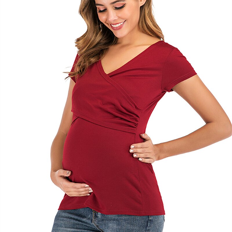 Casual Vrouwen Zwangerschap Kleding Verpleging Tops Borstvoeding Kleding Voor Zwangere Vrouwen Moederschap Solid V-hals Borstvoeding Tees: Rood / S