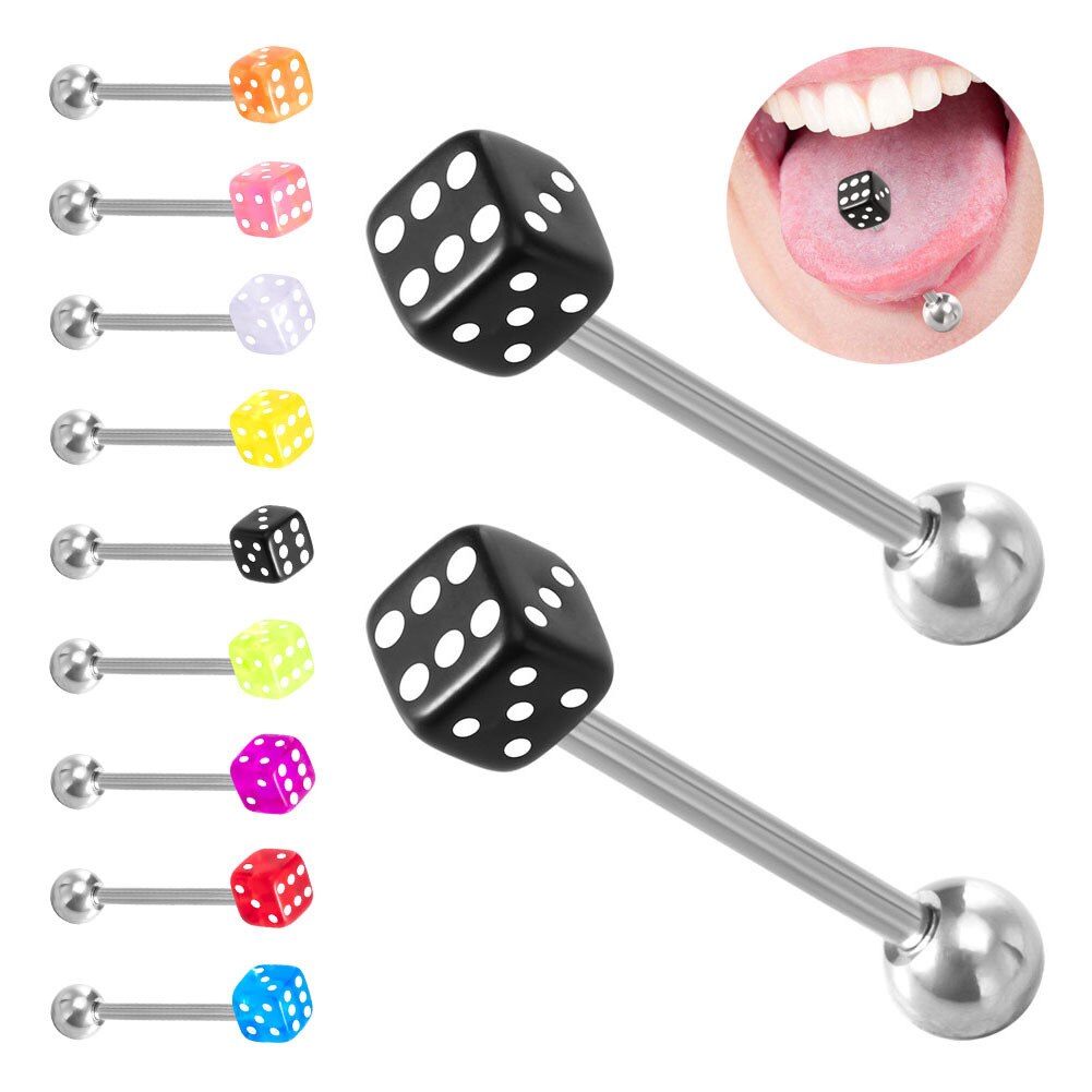 1 Paar Kleurrijke Acryl Tong Piercing Sieraden Geluk Dobbelstenen Tong Ringen Vrouwen Roestvrij Staal Tong Ring Bars Barbell
Leuke