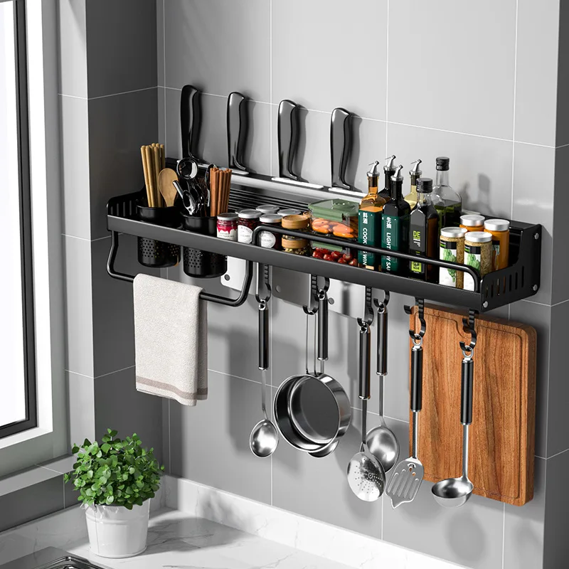 Estante de almacenamiento de cocina, estante de especias montado en la pared, de aluminio, sin perforaciones, cuchara, cuchillo, organizador de cocina multifunción