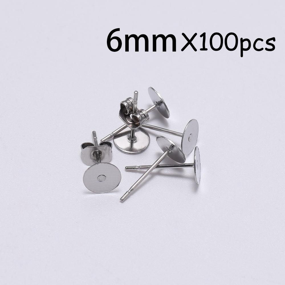 Lote de pendientes de poste de acero inoxidable blanco, 100 unidades, pasadores de Base con tapón para pendientes, reverso de oreja para joyería DIY, soporte de cabujón: 6mm X 100pcs