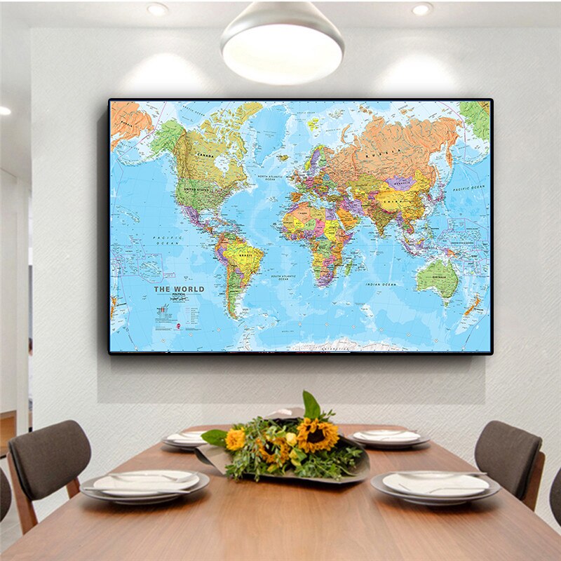 150*100 cm The World Political Map Wall Art Poster Non-Woven Canvas Painting School Supplies Living Room Home Decoration