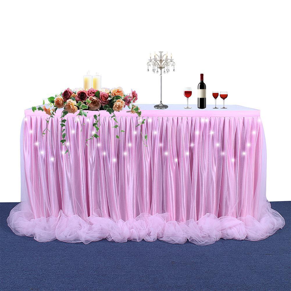 Thread Ribbon Table Skirt with LED Light for Wedding Party Decoration: 9FT x 30in / Pink