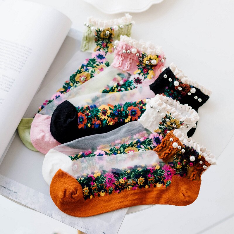 Spring Summer Retro Ankle Socks Pearl LIttle Floral Sock Mesh Patchwork Breathable Cotton Scck Cute Soft National style Hosiery
