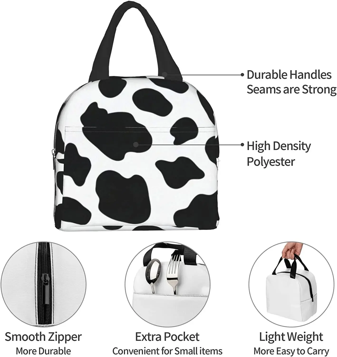 Cow Print Lunch Bag, Insulated Lunch Box Reusable Thermal Cooler Tote Bento For Office Work Picnic Travel