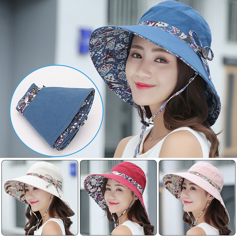 Female Flower Print Double-sided Cotton Linen Sun Hat Women Big Wide Brim Anti-UV Foldable Beach Hats Lady's Bucket Hat