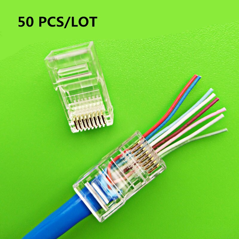 RJ45 Connector 8P8C CAT5 Door gat vergulde Crystal Terminal kristal hoofd midden converter 8 pins 50 stuks