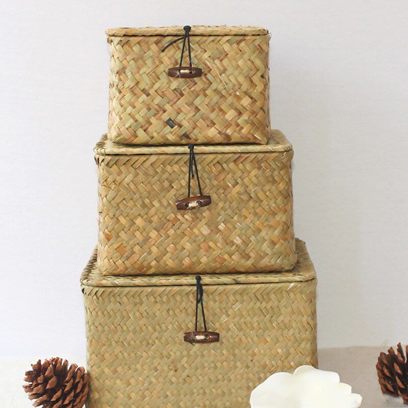 Opbergdoos Zeegras Rotan Rechthoekige Mand Deksel Keuken Fruit Groente Weven Case Slaapkamer Huishoudelijke Thuis Leveringen