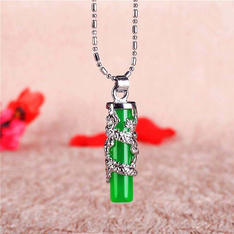 Naturlig grøn jade dragon søjle vedhæng 925 sølv halskæde udskåret charme smykker tilbehør amulet til mænd kvinder