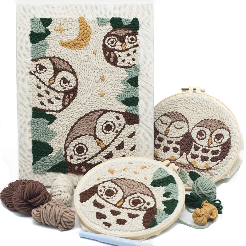 Uggla punch broderi kit med garn för diy nybörjare tecknad broderi handarbete ull arbete