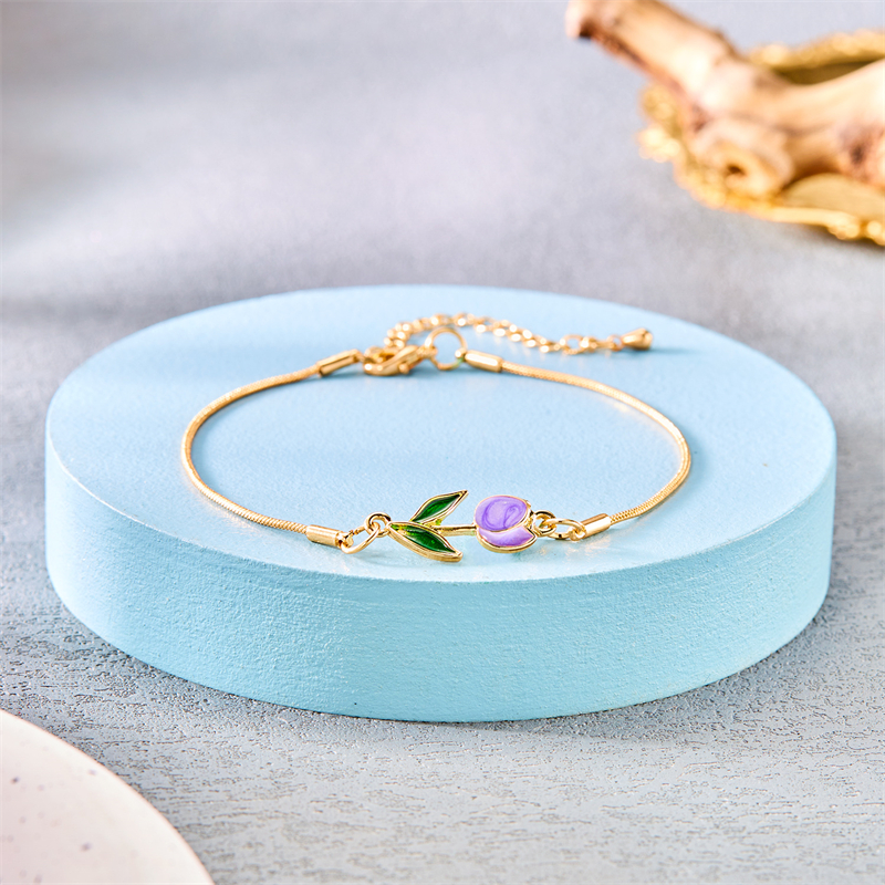Pulsera de flor de tulipán Vintage francés, pulseras con dijes de flor dulce esmaltadas de estética a la para mujer, de joyas de: VERMEIL
