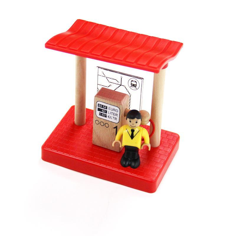 Drewniana stacja benzynowa stacja benzynowa stacja benzynowa zabawka drewniany koń holowniczy pociąg klocki dla dzieci scena akcesoria