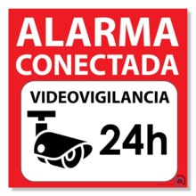 Cartel autoadhesivo disuasorio alarma 15x15 Alarma Conectada Videovigilancia 24H rotulo rojo en castellano