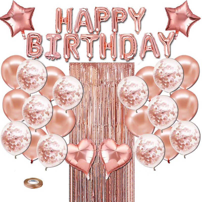 Juego de Decoración de cumpleaños de oro rosa para niños, globo de seda de lluvia con letras de feliz cumpleaños, cortina para de cumpleaños, decoración de látex, 28 Uds.