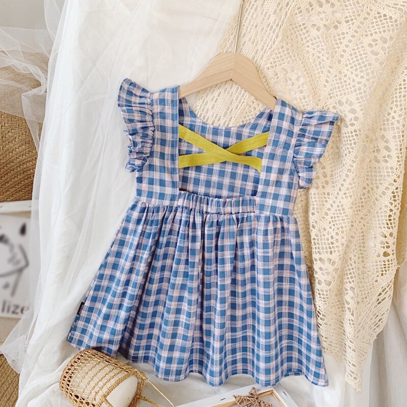 Zomer Meisjes Jurken Prinses Plaid Ruches Hollow Back Japon Mouwloze Leuke Rok Kid Kleding Voor Baby Meisje